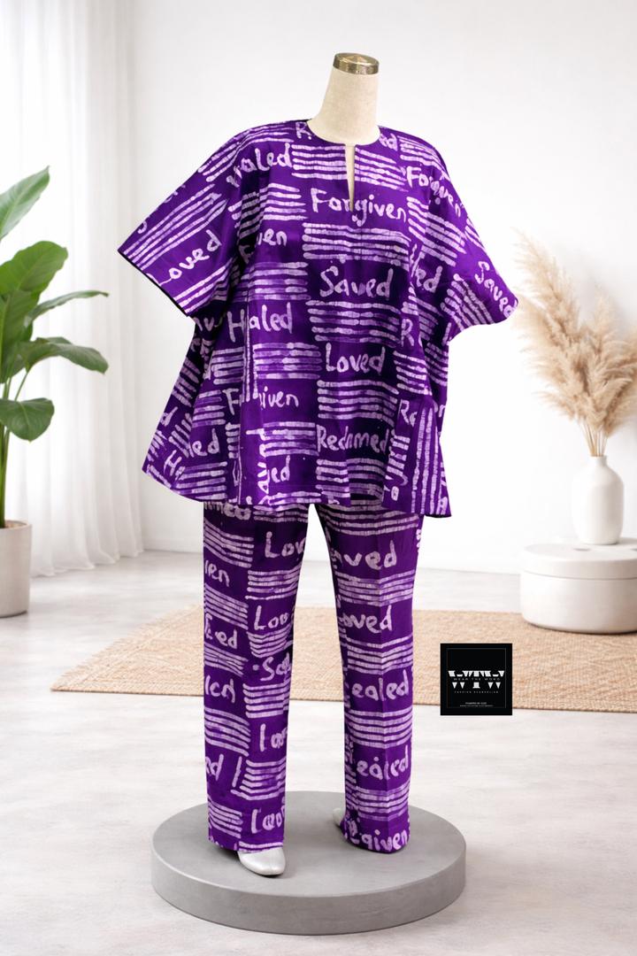 Affirmation Print Two-Piece Set – Kaftan Top and Trousers