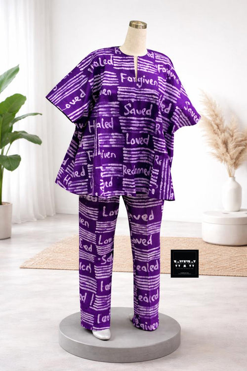 Affirmation Print Two-Piece Set – Kaftan Top and Trousers