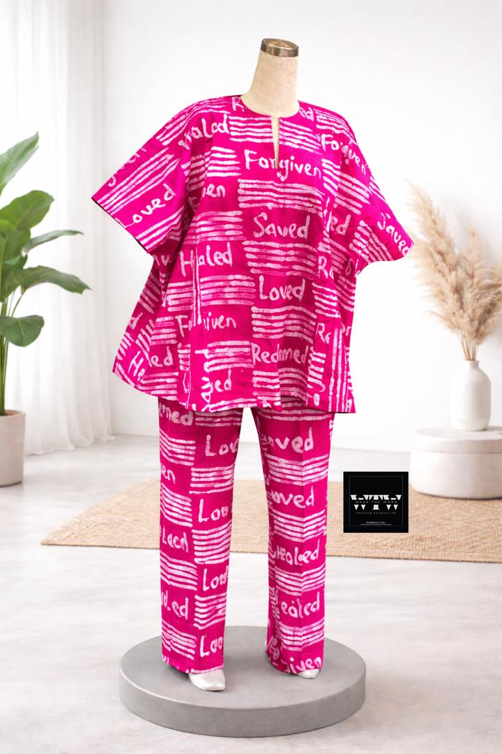 Affirmation Print Two-Piece Set – Kaftan Top and Trousers