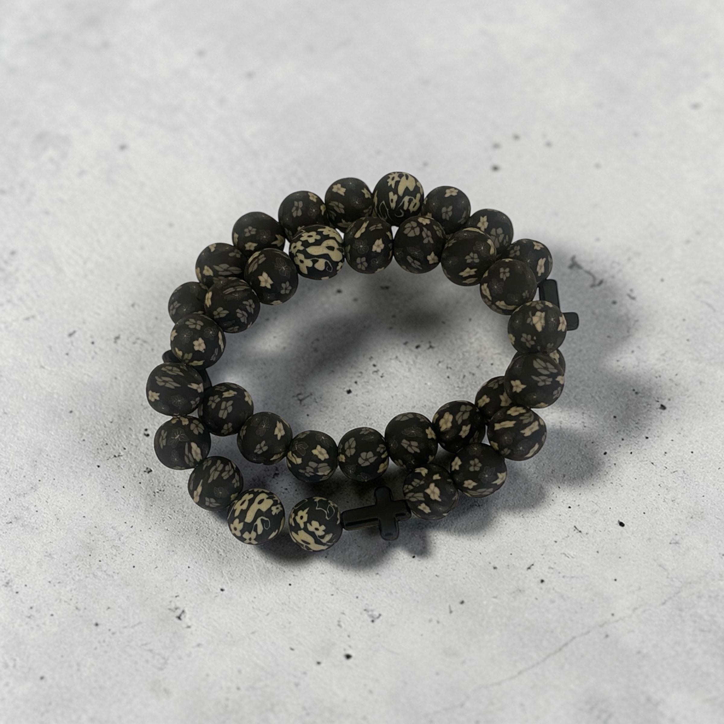 Elegant Pair of Black Floral Marble Beaded Bracelets with Cross Charm – Matching Set for Him & Her