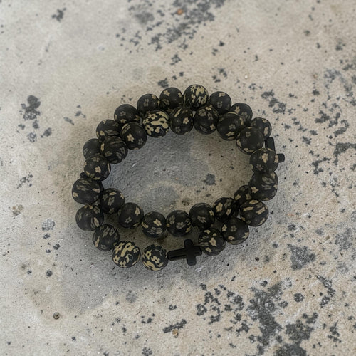 Elegant Pair of Black Floral Marble Beaded Bracelets with Cross Charm – Matching Set for Him & Her