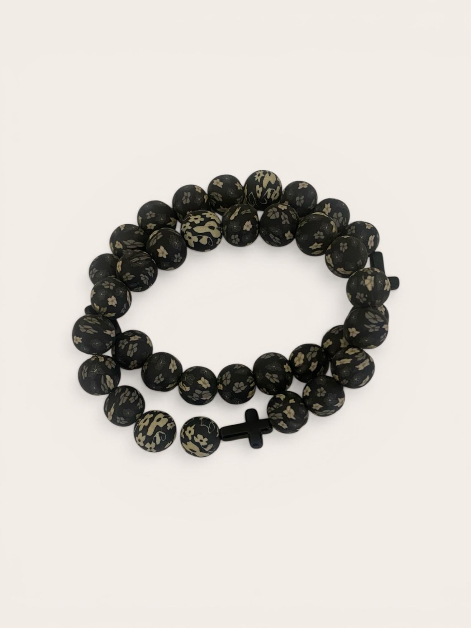 Elegant Pair of Black Floral Marble Beaded Bracelets with Cross Charm – Matching Set for Him & Her