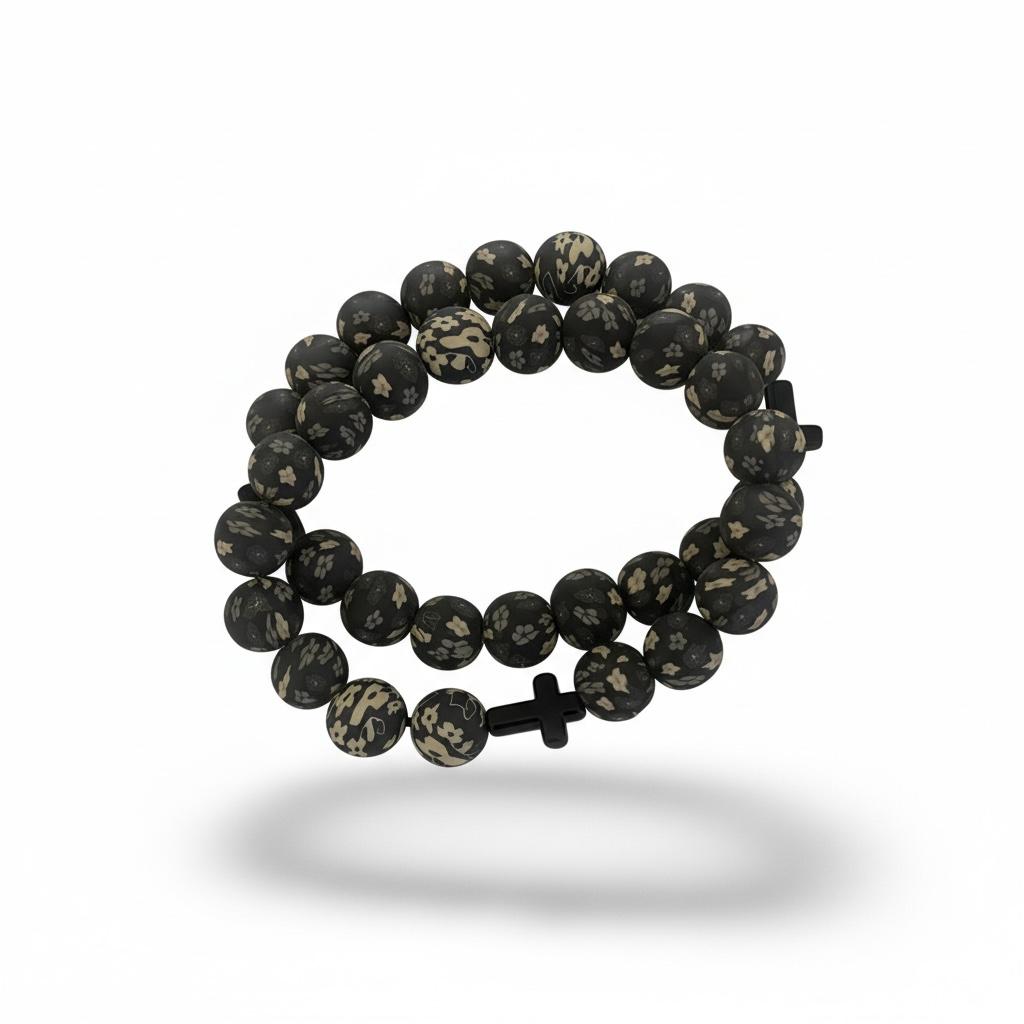 Elegant Pair of Black Floral Marble Beaded Bracelets with Cross Charm – Matching Set for Him & Her