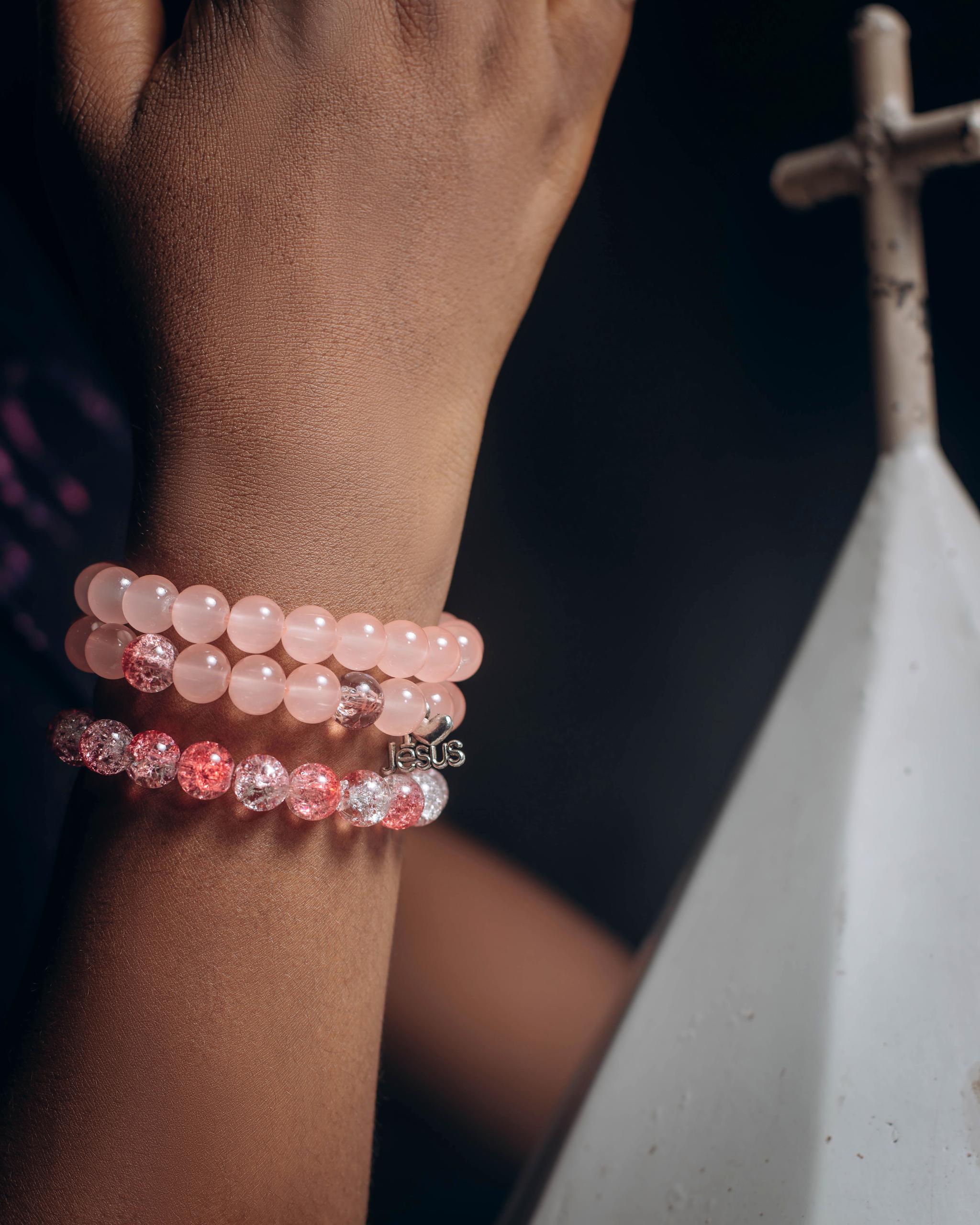 Elegant Pink "Jesus" Beaded Bracelet Set (2pcs) – Soft Rose Quartz & Sparkly Crystal Faith Jewelry